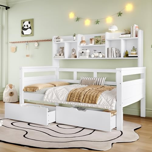 EINHOM Day Bed Frame with Storage, 3FT Single Bed for Kids with Two Storage Drawers and Bookcase Headboard, Wooden Bed with Guardrail, 90x190 cm, No Mattress (White)