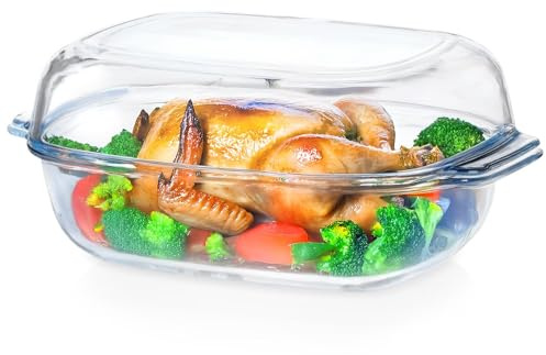 Vilde Fuente de cristal de 3,1 + 2,6 l, juego de 2 piezas con tapa, vidrio de borosilicato, apto para horno de -30 °C a +400 °C, con asas, para guisos, lasaña y verduras, apto para lavavajillas