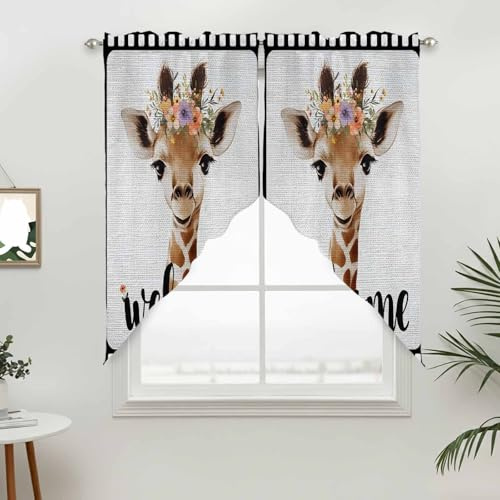 Chucoco Swag Curtain for Kitchen, Welcome Words Cute Giraffes Swag Valance Rod Pocket Curtains Tier Pair, Flowers Films Boundaries Light Filtering Window Valances for Bedroom Bathroom Living Room
