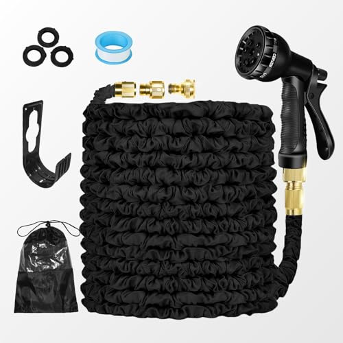Garden Hose Pipe Expandable 30m(100ft) Heavy Duty Flexible with Spray Gun, 3/4 1/2 Solid Brass Fittings, Triple Latex Core, 8 Fuctions Kink Free Leak Proof Hosepipe, Black