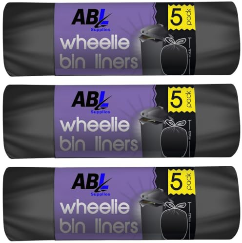 Heavy Duty Wheelie Bin Liners 240L (Pack of 3 x 5 Rolls) – Extra Strong Black Bin Bags – Thick Refuse Sacks for Wheelie Bins & Large Outdoor Bins, Tough Rubbish Bin Liners (129cm)