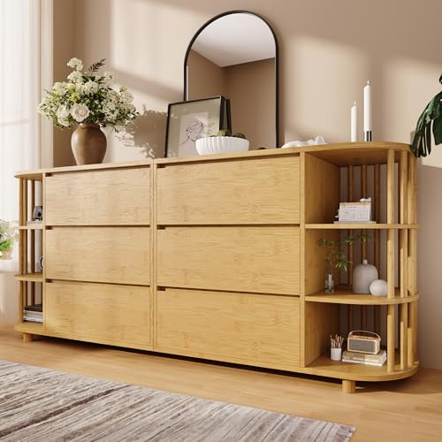 Merax Sideboard Kommode mit 6 Schubladen & offene Regale, Sideboard Holz Küchenschrank Buffet mit Römisches Design mit Säulen & Bambus-Regalen & Höhenverstellbare Füße, Eiche/160x40x75 cm