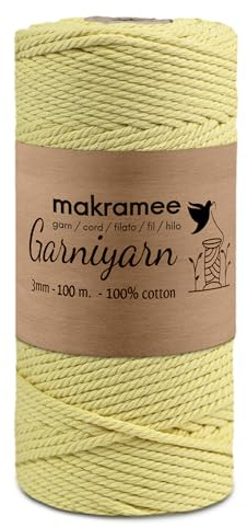 Makramégarn 3 mm, premium – 100 m bomullsrep (gul) – högkvalitativt makramégarn av bomull för gör-det-själv, vägghängningar, växthängare, bohodekoration och bastelidéer