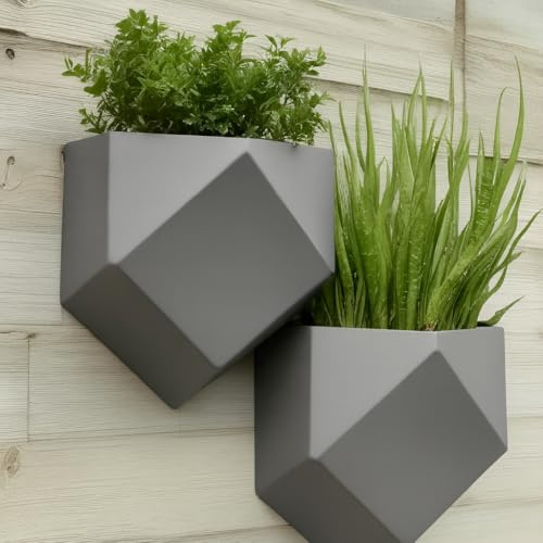 Modern Geometric Low Poly Wall Hanging Planter for Outdoor Use (Pack of One or Two) (2, Grey, Large 25x23x14c)