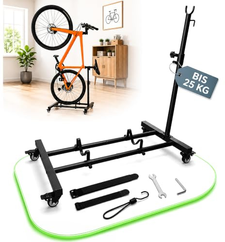 Montarex Fahrradständer vertikal mit Rollen für Wohnung & Garage | Freistehend, platzsparend, MontaGrip Einhand-Fixierung, bis 25 kg, für MTB, Citybike, Rennrad 24–29 Zoll