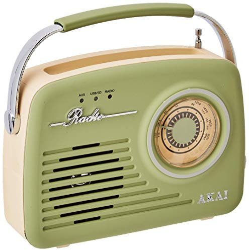 Akai A60014VSG Vintage Radio with AM and FM Radio Functions, Built-in USB, Crystal Clear 5 W Mono Speaker, 220 V/50 Hz, Battery or Mains Powered, Rubberised Finish, Sage Green