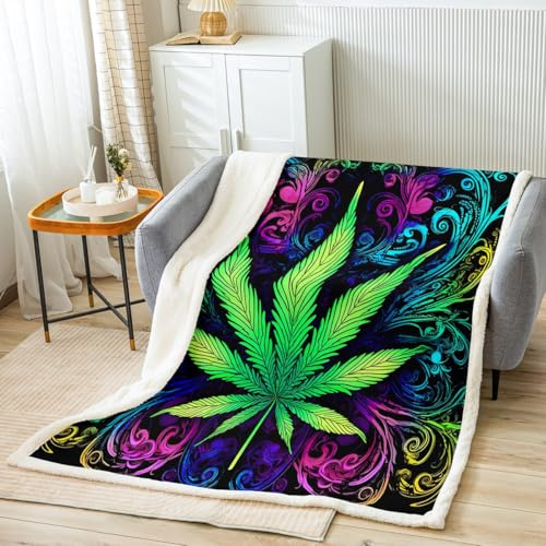 Feelyou Throw Blanket Marijuana Weed Fleece Blanket Men Cannabis Leaf Sherpa Blanket for Sofa Couch Bed Trippy Marijuana Leaf Decor Plush Blanket Ultra Soft Kids Adults Fuzzy BlanketKing 87x95