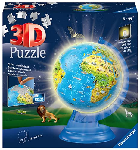 Ravensburger - Puzzle 3D Ball educativo - Globo terrestre illuminato - A partire dai 6 anni - 180 pezzi numerati da assemblare senza colla - Supporto rotante e luminoso incluso - 11289