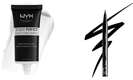 NYX Professional Makeup Studio Perfect Primer - Clear, Makeup Primer & Epic Ink Eye Liner, Filzstift, Wasserfest, Vegane Formel, Shade 01