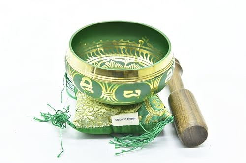 3.75 Tibetan Meditation Yoga Singing Bowl Green Set with free Wooden Mallet and Silk Cushion from Nepal, Singing bowls. (Green)
