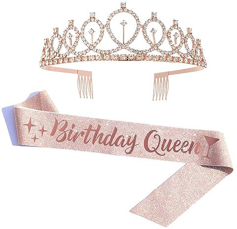 Corona Cristallo Cintura, Cintura Compleanno Corona Diadema, Set Compleanno, Cerchietto Complanno, Adatto Per Feste, Raduni, Spose, Damigelle d'Onore, Oro Rosa