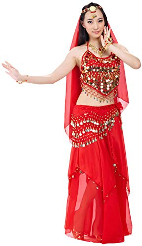 Rubruan Belly Queen Tanz Kostüm Bauchtanz Kleid - Orientalischer Tanz Arabisch Sexy Professionelle Farbenreiche Kleidung Set Outfit für Tänzerin Damen - Chiffon - 5 Stück