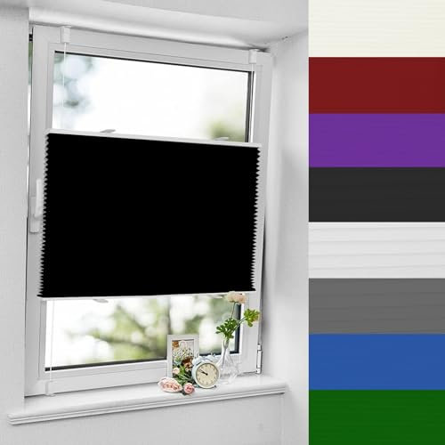 Plissee Rollos für Fenster Ohne Bohren 35 x 110 cm Verdunkelnd & lichtundurchlässig Thermo Plisseerollo Klemmfix Einfache Montage mit Klemmträger für Fenster & Balkontür, Schwarz