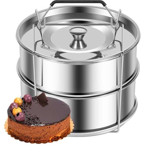 Stackable Steamer Insert Pans with Handle Lid, Multi Tier Steamer Pan Accessories Steamer Cake Maker Stainless Steel Durable, Double Layer Stackable Insert Pans for Baking Lasagna Food Vegetable