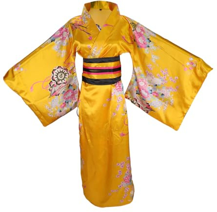 ZNLFS Accappatoio da Donna Kimono Giapponese Tradizionale, Vestito Kimono per Halloween, Costume Cosplay Geisha Yukata, Giallo, XXL