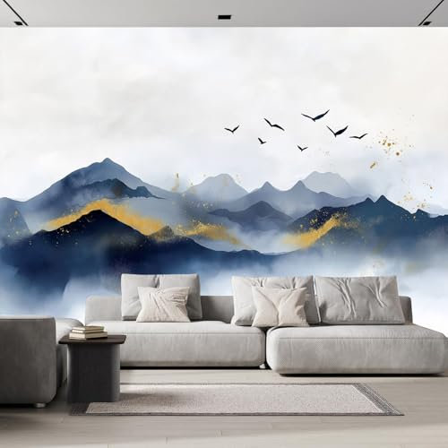 Papel Pintado Pared Montañas De Un Azul Profundo 3D Fotomurales， Pájaro Paisaje Abstracto Salón Dormitorio Despacho Pasillo Decoración murales decoración de paredes 300×210 cm