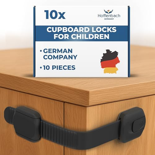 Hoffenbach 10x Cupboard Locks for Children – Child Locks for Kitchen Cupboards – Childproof Cabinet, Drawer & Door Safety Lock Set – Baby Safety Cupboard Locks – Black