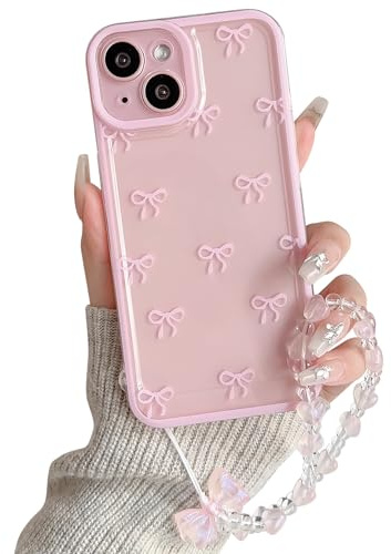 NITITOP for iPhone 13 Case Cute Clear Bow Chain,Pink | for Women Girls, Aesthetic Bowknot Ribbon Design, with Wrist Strap, Soft TPU Shockproof Cover, Full Camera Protection