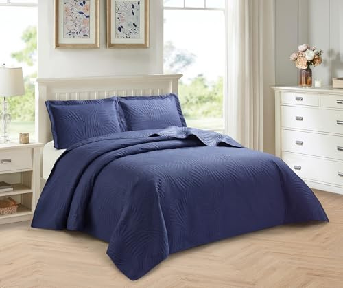 PRIME LINENS 2 Piece Quilted Bedspread Embossed Leaf Pattern Bedding Set Bed Throw with Pillow Cases Machine Washable (Dark Blue, Single)