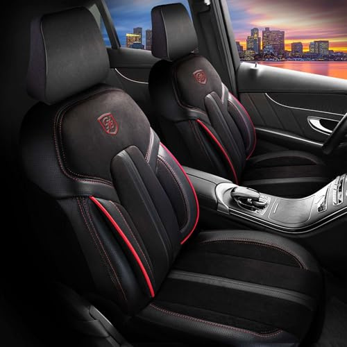 GIOVANNI BUTTI Autositzbezüge Universal für PKW & SUV – Premium Vordersitze Auto Sitzbezug aus Alcantara, Schwarz-Rot, Airbag-Kompatibel Sitzauflage, Autoschonbezug, Vordersitz-Set inkl. Montageset