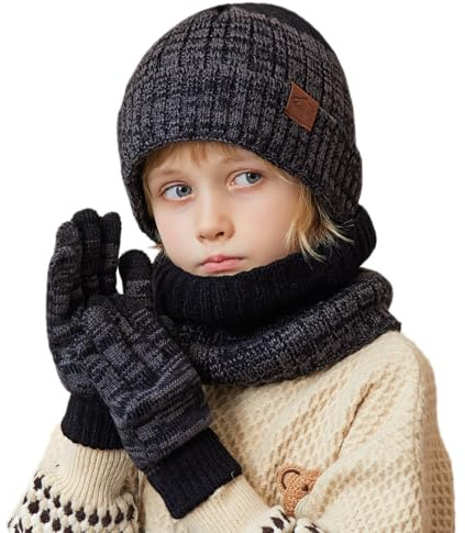 MAZELIKEHOOD 3 Pièces Bonnet Gants Écharpe Garçon Ensemble Chaud Hiver pour Enfants Trico Doux Accessoires Nécessaire Extérieur Sport