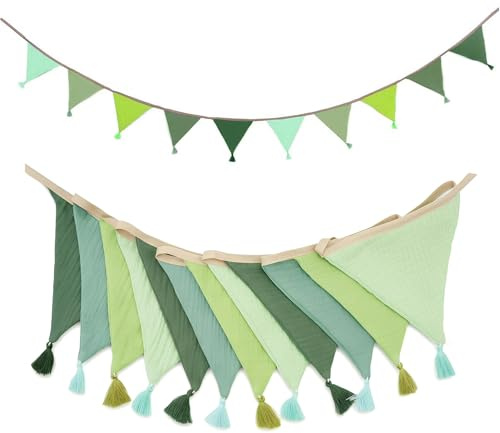 Fabric Bunting Banner, 2.6 m Double Sided Cotton Bunting with Tassels, Triangle Garland Flags for Brithday Party Garden Wedding Bedroom Decoration Baby Shower (green)