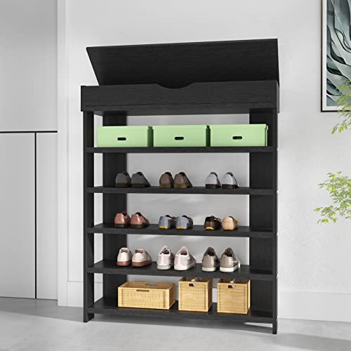 soges 5 Ebenen Schuhregal Schuhschrank Holz, 75 x 30 x 94,5 cm Schuhablage Schuhständer für Wohnzimmer, Diele, Flur, Schwarz