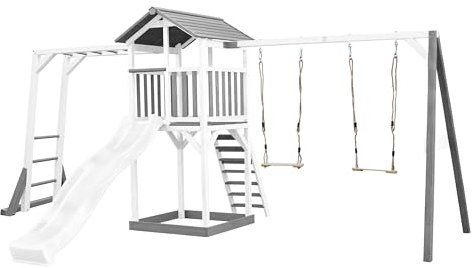 AXI Beach Tower Spielturm aus Holz in Weiß & Grau | Spielhaus für Kinder mit weißer Rutsche, Klettergerüst, Doppelschaukel und Sandkasten | Stelzenhaus für den Garten