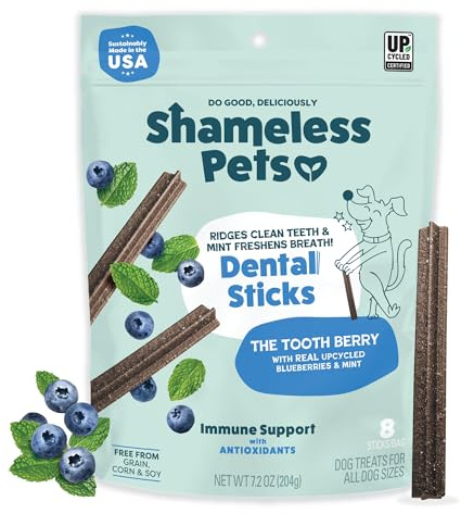 Shameless Pets Blueberry & Mint Dental Chews for Dogs, 8 Chews - Natural Dog Teeth Cleaning Treats with Fresh Breath Benefits | Grain-Free Dental Sticks for Small, Medium & Large Dogs