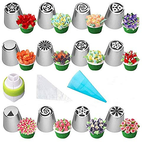 nadamuSun Russian Piping Tips Set, 24pcs Cake Cupcake Decorating Supplies Kit, Icing Nozzles Flowers Shaped, Frosting Bags and Tips Baking Supplies