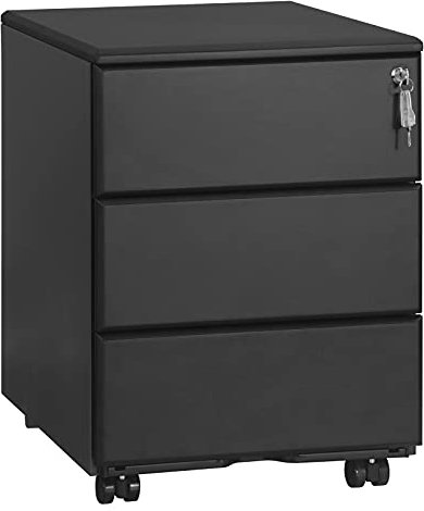 WOLTU Rollcontainer Metall, Mobiler Aktenschrank Büroschrank mit 3 Schubladen Bürocontainer, abschließbares und verstellbares Hängeregister, vormontiert, Büro, Home Office Schwarz SK024sz