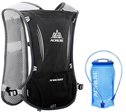 Zaino Idratazione 5L Zaino da Ciclismo con Vescica Zainetto Running Leggero Donna Uomo Zaino con Sacca Idrica per Corsa Ciclismo Maratona Trekking Trail, Zaino (Nero con sacca per bere da 1,5 L)