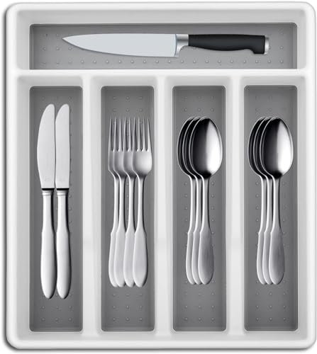 sinzau Range-couverts - Organiseur de rangement pour la maison, la cuisine, les ustensiles pour cuillère, fourchette, 5 grilles - Blanc