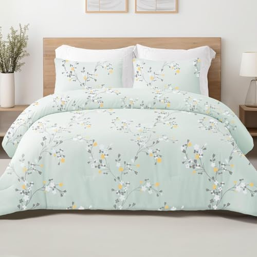 Exclusivo Mezcla 7.5 Tog Floral Double Coverless Duvet Set, 3 Pieces | 200x200 cm Lightweight Quilt, 2 Pillowcases 50x75 cm, Soft Microfiber Bed Cover Bedding for Bedroom, All Seasons, Pale Green