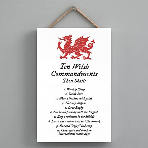 Global Designs Ten Welsh Commandments Welsh Dragon Sign Decorative Hanging Wooden Plaque