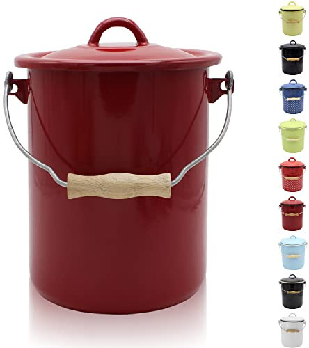 KRÜGER Mülleimer mit Deckel - Stahl Abfalleimer mit Emaille-Beschichtung und Holzgriff - schnitt- und kratzfeste Oberfläche - langlebig und vielseitig einsetzbar(3 Liter, rot)