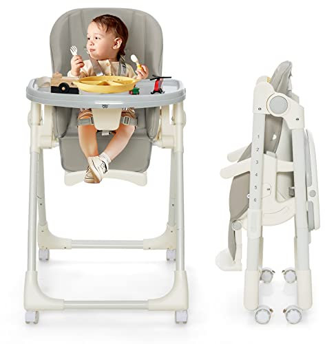 COSTWAY Babyhochstuhl klappbar, Babystuhl mit abnehmbarem Tablett & PU-Kissen, verstellbarer Essstuhl mit 4 Rädern, 6 Höhen, 5 Liegepositionen für 6-36 Monate Kinder, 15kg Belastbar (Grau)