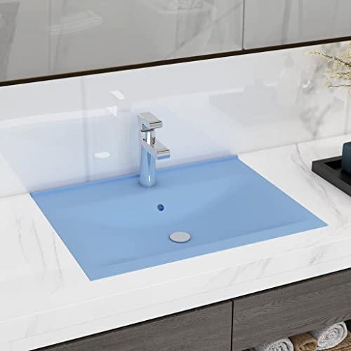 WIFESE Lavandino con Foro Rubinetto Azzurro Opaco 60x46x16 cm in Ceramica Lavabo Bagno Sospeso Lavandino Da Appoggio Lavabo Sospeso Mobile Sospeso Bagno Lavatoio Ceramica Lavabo Da Appoggio