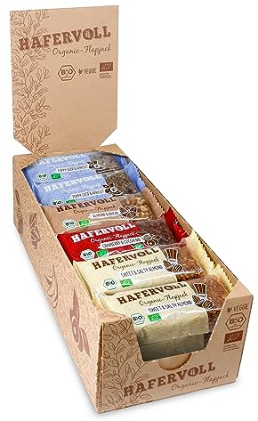 HAFERVOLL neue Organic Mixbox, 4 Flapjack-Sorten mit einer veganen Sorte, 18 x 60g Bio-Müsliriegel, Bio-zertifiziert, Almond & Raisin, Poppy Seed & Apricot, Sweet & Salty Almond, Cranberry & Cacoa Nib