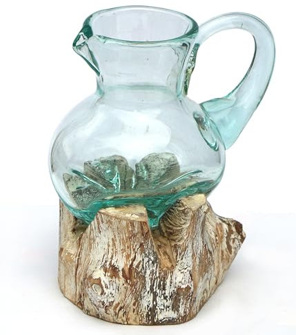 Wogeka - White Line Collection - Weißer Glas Krug auf Wurzel-Holz - Maritime Mediterrane Deko als Geschenk-Idee zu Weihnachten Geburtstag zur Dekoration (Krug Sw)