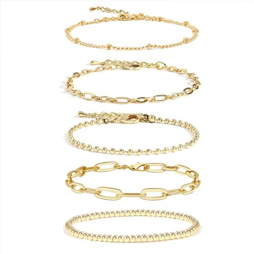 CYWQ 14K GoldChain Bracelet Sets for Women Girls Dainty Gold Paperclip Link Bead Bracelet Layered Metal Link Bracelet Fashion Jewelry (Gold)