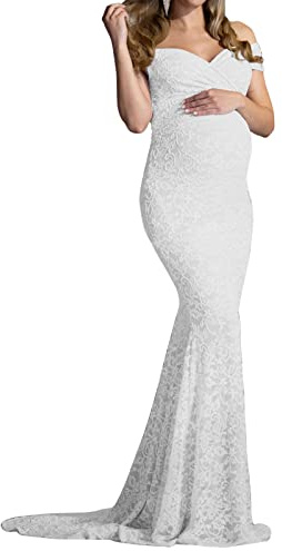 Vuncio Robe Long Grossesse Chic Et Elegant Manche Courte Col en V Robe à épaules Dénudées Enceinte Pas Cher Robe Maternité Fête Soirée Mariage Cérémonie Shooting Photo