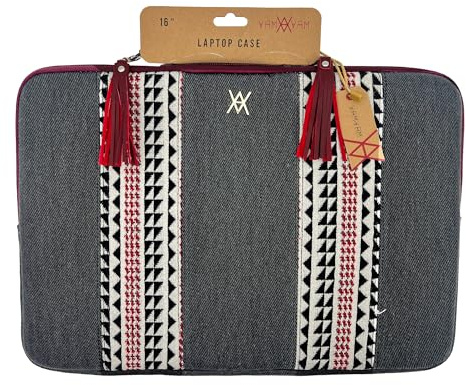WONDEE Maletín Funda Portátil 15,6/16 Pulgadas Diseño con Franja Decorativa de Tela Bordada Estilo Étnico - Funda para Ordenador Portátil Macbook Pro 16 Pulgadas Acolchada y Reforzada con Cremallera