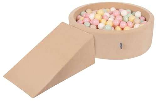 KiddyMoon Spielplatz Velvet Aus Schaumstoff Rund Bällebad Bällebad (100 Bälle) + Zwickel Ballgruben Babys Spielbad, Sandbeige:Pastellbeige/Pastellgelb/Weiß/Minze/Puderrosa