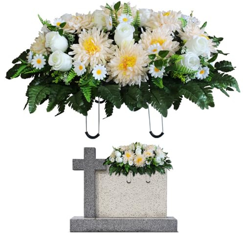 NASSMOSSE Friedhofsblumen für Grab, künstliche Grabblumen, realistische Friedhofsblumen, Grabblumen mit Sattel, Seide, Chrysantheme, 64 x 47 cm, Gedenkdekoration, Friedhofsblumen, Champagner