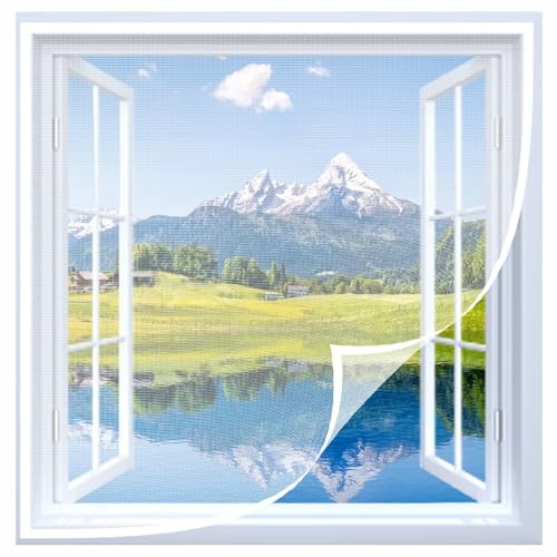 Mosquitera de Manos Libres de Verano 140x145cm Cortina Abatible Antimosquitos, Malla proteccion para Ventanas con cinta de gancho y bucle,Blanco