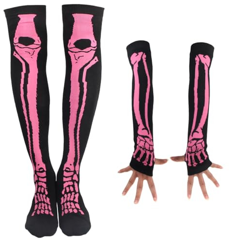 BundleMall Gestreifte lange Strickhandschuhe, kniehoch, gestreift, Leggings, Party-Kostüm, Zubehör, 2 Paar, Rosenknochen, One size