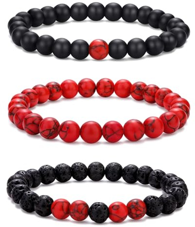 RANKEEF Bracelet de pierre naturelle homme - Ensemble de bracelets de perles et de pierre de lave - Bracelet rouge pour hommes