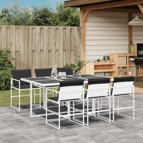 Homgoday 7-TLG. Garten-Essgruppe mit Kissen Gartenmöbel Set Sitzgruppe Gartentisch mit Stühle Gartengarnitur Tisch Stühle Essgruppe Terrassenmöbel Balkonmöbel Weiß Textilene