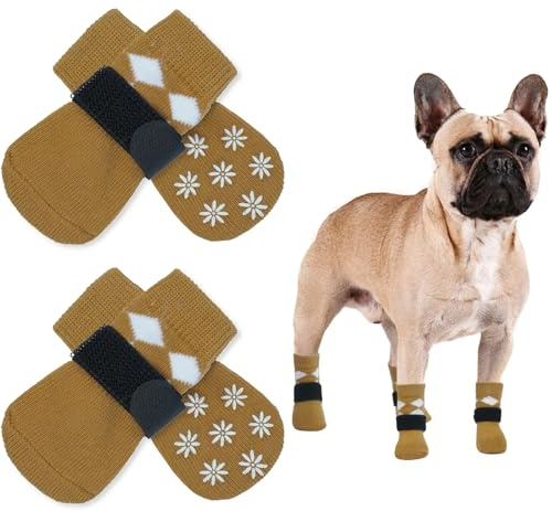 PUMYPOREITY 2 Paar Anti-Rutsch-Hundesocken, Pfotenschutz Katze Socken für den Pfotenschutz von Hunden mit verstellbarem Klettverschluss(Braun, S)